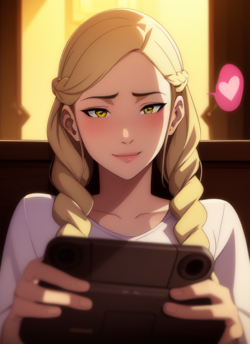 14852-2095019614-beautiful girl in geek shirt playing videogames on Xbox, holding gamepad, looking away, deep yellow eyes, blonde braided hair, b.png